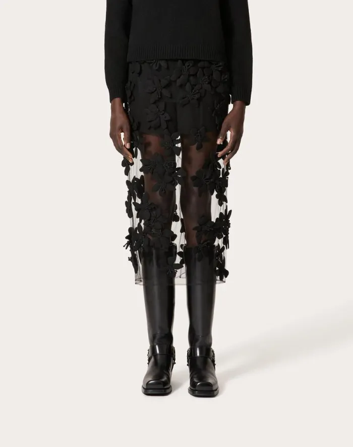 Valentino Skirts Woman Tulle Illusione Embroidered Midi Skirt For Woman In Black Black