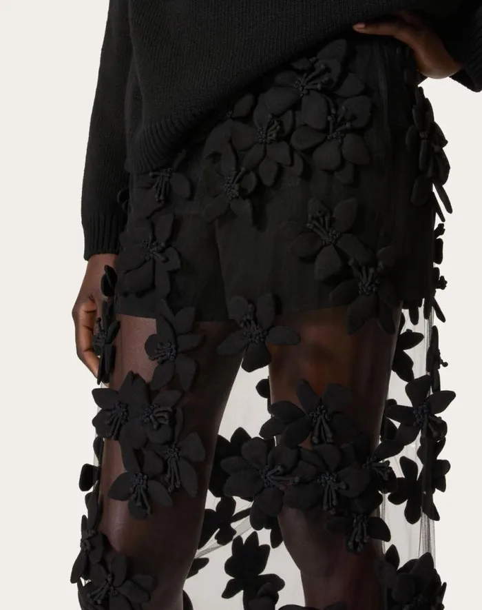 Valentino Skirts Woman Tulle Illusione Embroidered Midi Skirt For Woman In Black Black