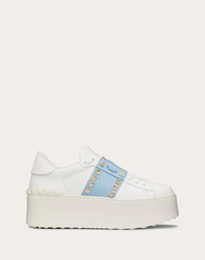 Valentino Sneakers Woman Flatform Rockstud Untitled Sneaker In Calfskin With Naplack Band For Woman In Whitepopeline Blue Whitepopeline Blue Valentino Sneakers Woman Flatform Rockstud Untitled Sneaker In Calfskin With Naplack Band For Woman In Whitepopeline Blue Whitepopeline Blue