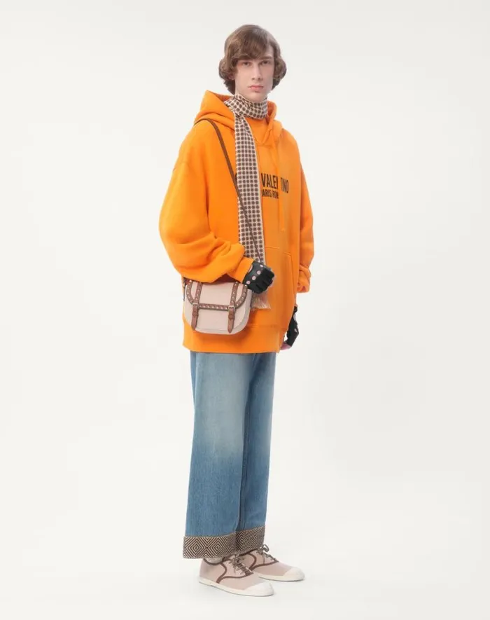 Valentino Tshirts And Sweatshirts Man Cotton Hooded Sweatshirt With Chez Valentino Print For Man In Orange Orange Valentino Tshirts And Sweatshirts Man Cotton Hooded Sweatshirt With Chez Valentino Print For Man In Orange Orange