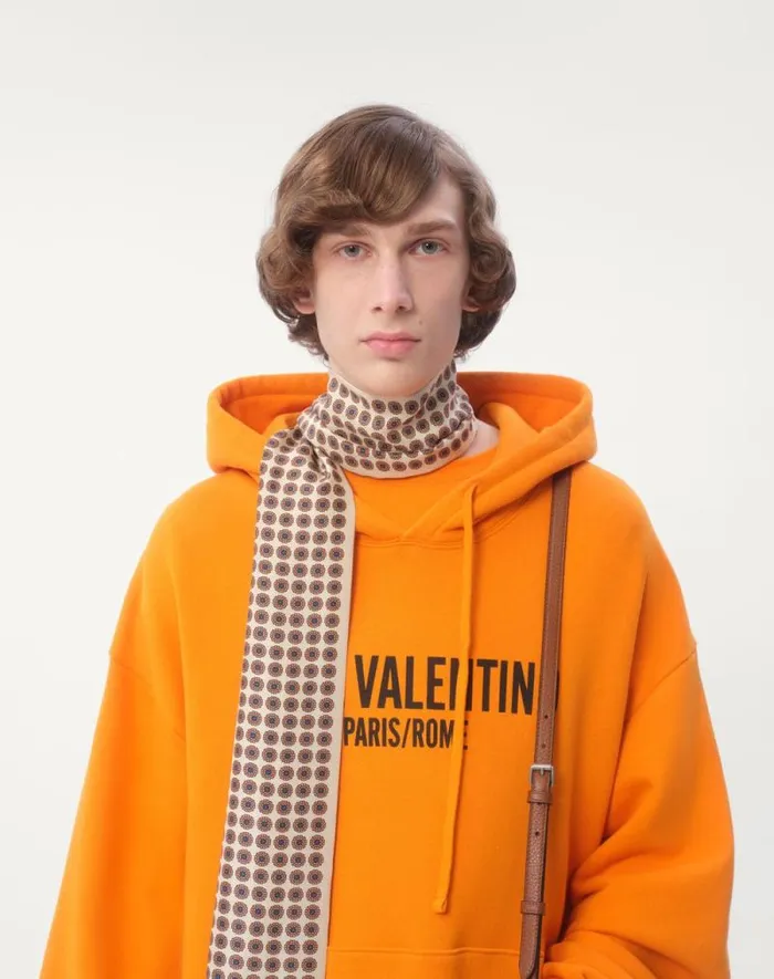 Valentino Tshirts And Sweatshirts Man Cotton Hooded Sweatshirt With Chez Valentino Print For Man In Orange Orange Valentino Tshirts And Sweatshirts Man Cotton Hooded Sweatshirt With Chez Valentino Print For Man In Orange Orange