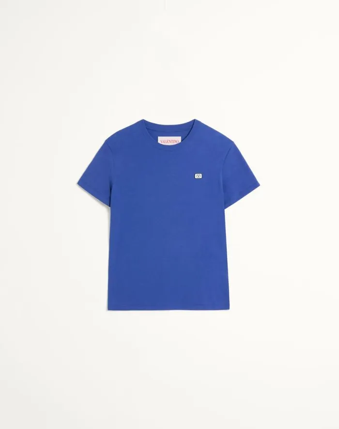 Valentino Tshirts And Sweatshirts Man Cotton Tshirt With Vlogo Patch For Man In Blue Blue Valentino Tshirts And Sweatshirts Man Cotton Tshirt With Vlogo Patch For Man In Blue Blue