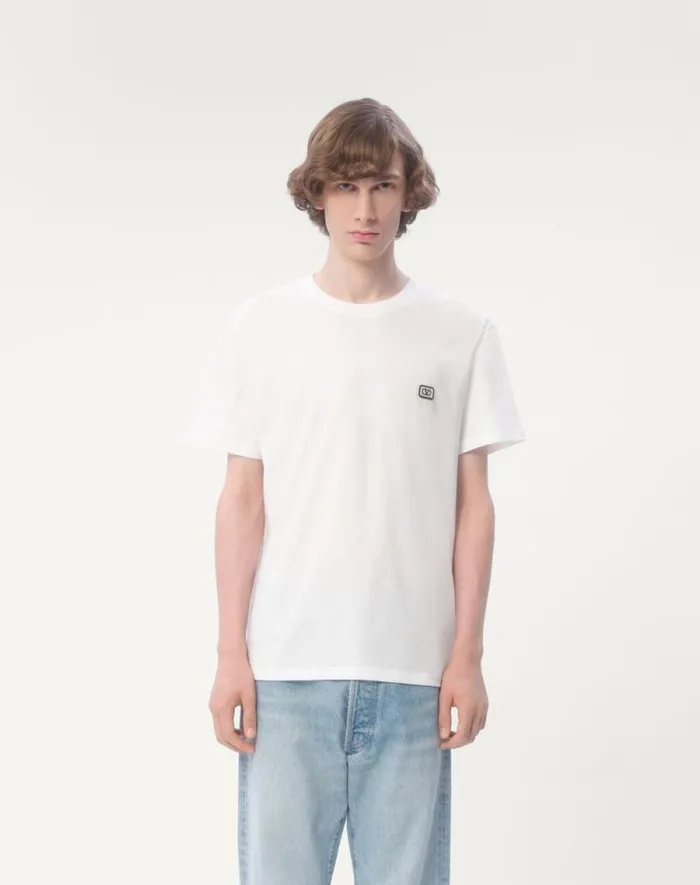 Valentino Tshirts And Sweatshirts Man Cotton Tshirt With Vlogo Patch For Man In Blue Blue Valentino Tshirts And Sweatshirts Man Cotton Tshirt With Vlogo Patch For Man In Blue Blue