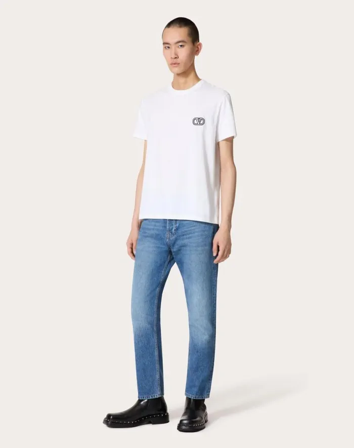 Valentino Tshirts And Sweatshirts Man Cotton Tshirt With Vlogo Signature Patch For Man In Mauve Mauve