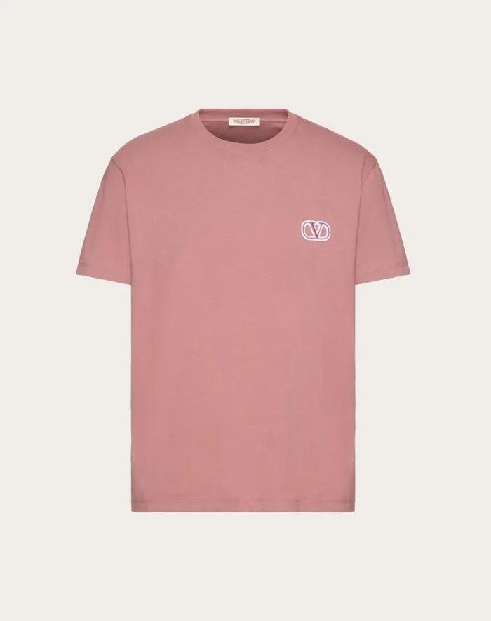 Valentino Tshirts And Sweatshirts Man Cotton Tshirt With Vlogo Signature Patch For Man In Mauve Mauve
