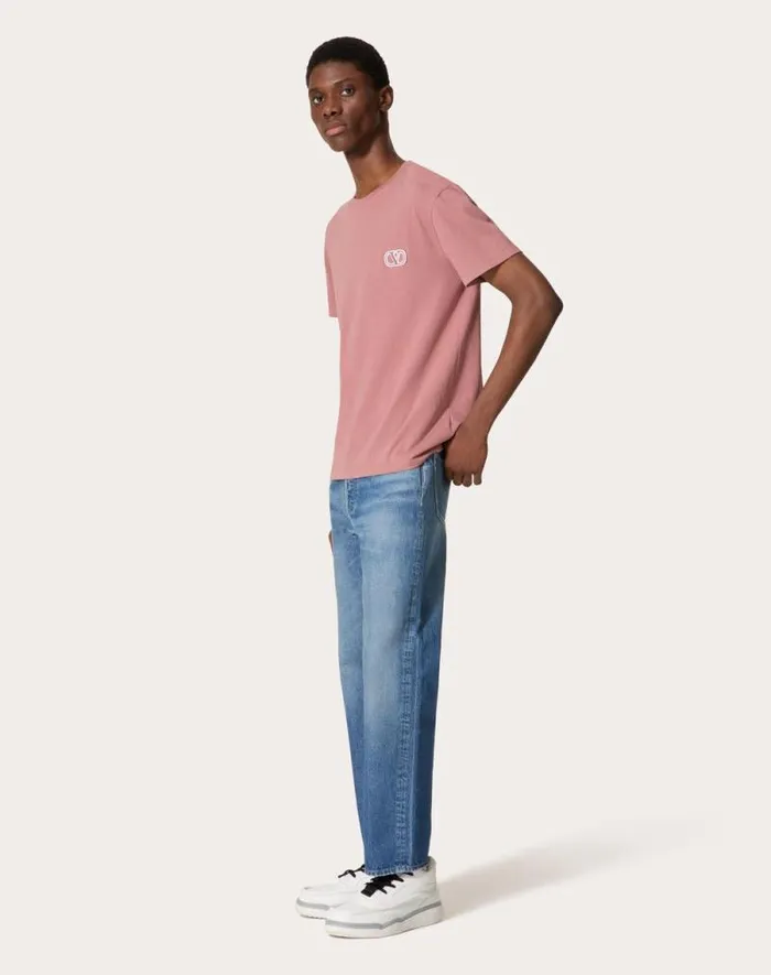 Valentino Tshirts And Sweatshirts Man Cotton Tshirt With Vlogo Signature Patch For Man In Mauve Mauve