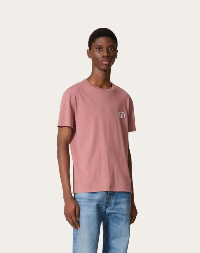Valentino Tshirts And Sweatshirts Man Cotton Tshirt With Vlogo Signature Patch For Man In Mauve Mauve