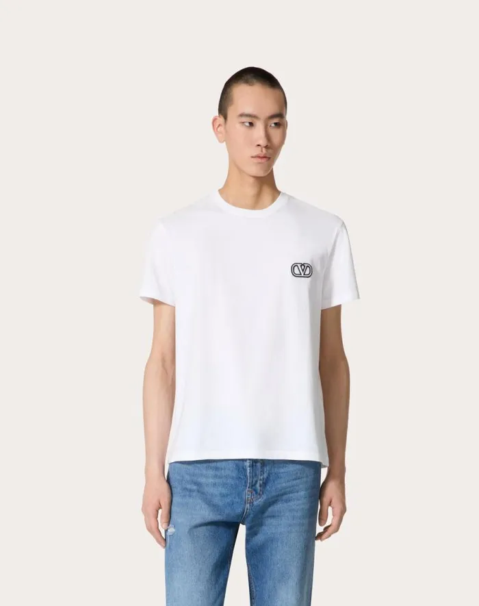 Valentino Tshirts And Sweatshirts Man Cotton Tshirt With Vlogo Signature Patch For Man In Mauve Mauve