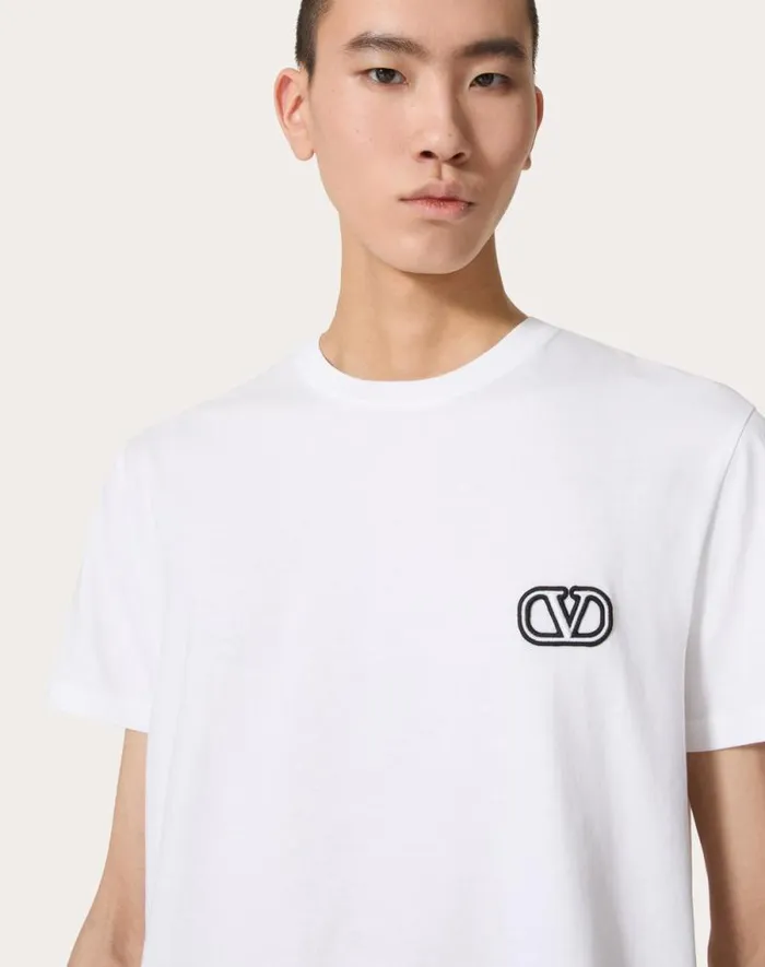 Valentino Tshirts And Sweatshirts Man Cotton Tshirt With Vlogo Signature Patch For Man In Mauve Mauve