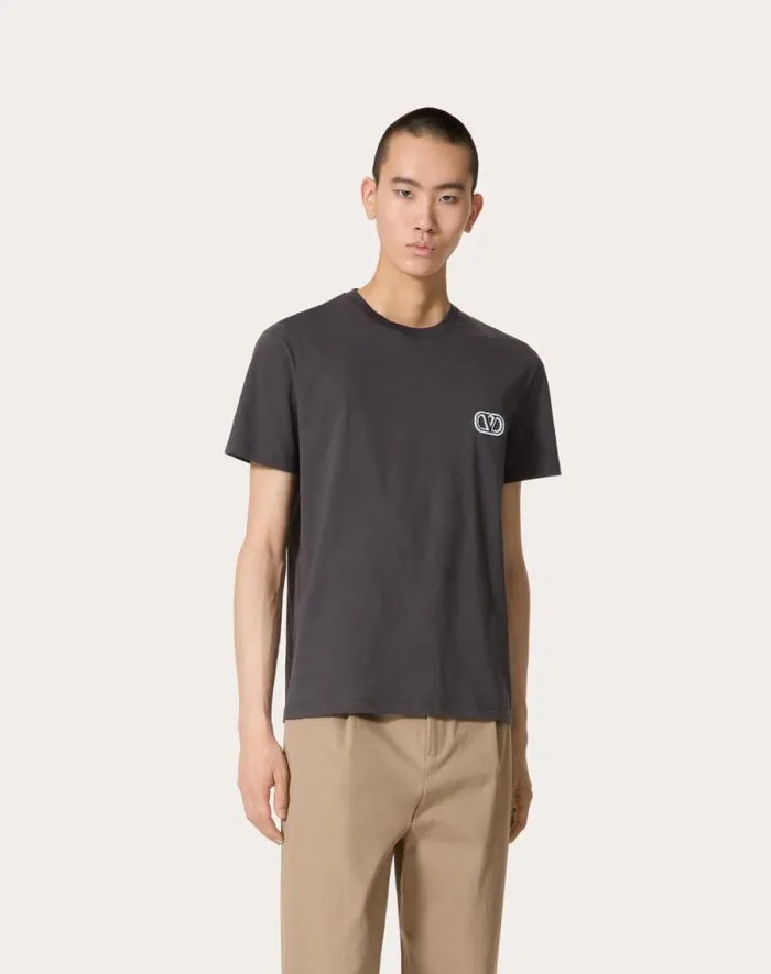 Valentino Tshirts And Sweatshirts Man Cotton Tshirt With Vlogo Signature Patch For Man In Mauve Mauve