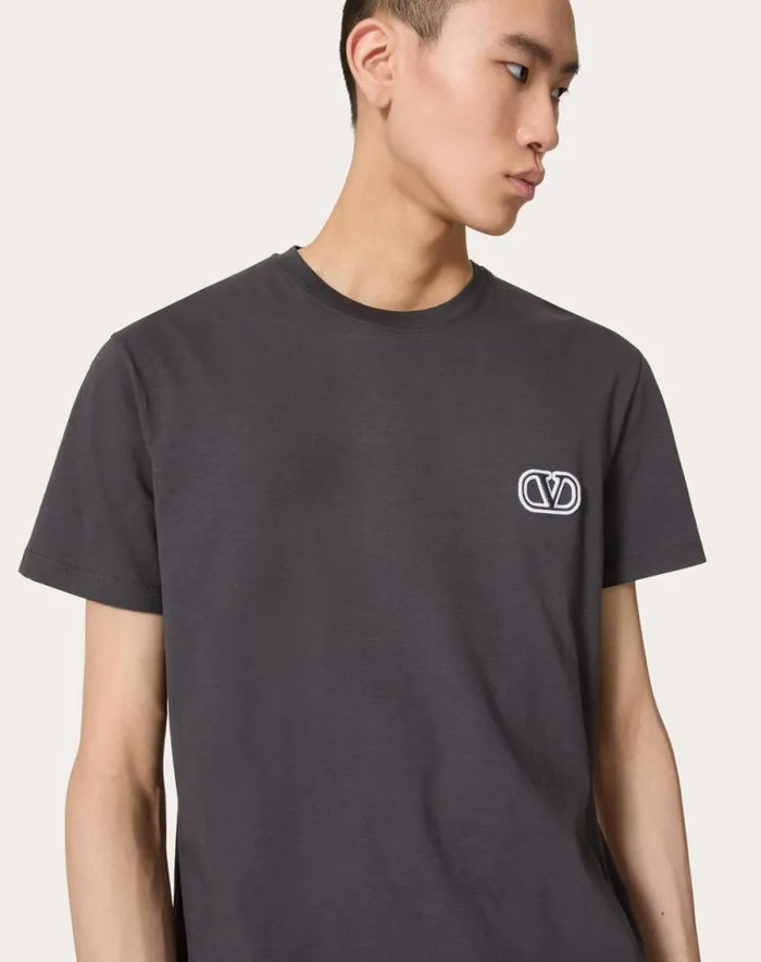 Valentino Tshirts And Sweatshirts Man Cotton Tshirt With Vlogo Signature Patch For Man In Mauve Mauve