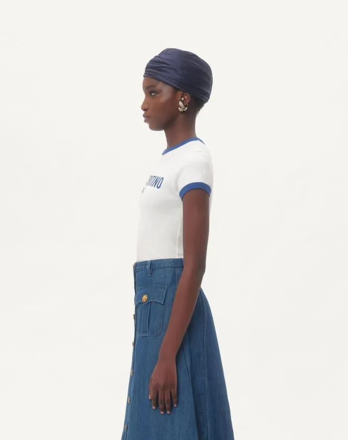 Valentino Tshirts And Sweatshirts Woman Jersey Cotton Tshirt For Woman In Ivoryelectric Blue Ivoryelectric Blue Valentino Tshirts And Sweatshirts Woman Jersey Cotton Tshirt For Woman In Ivoryelectric Blue Ivoryelectric Blue