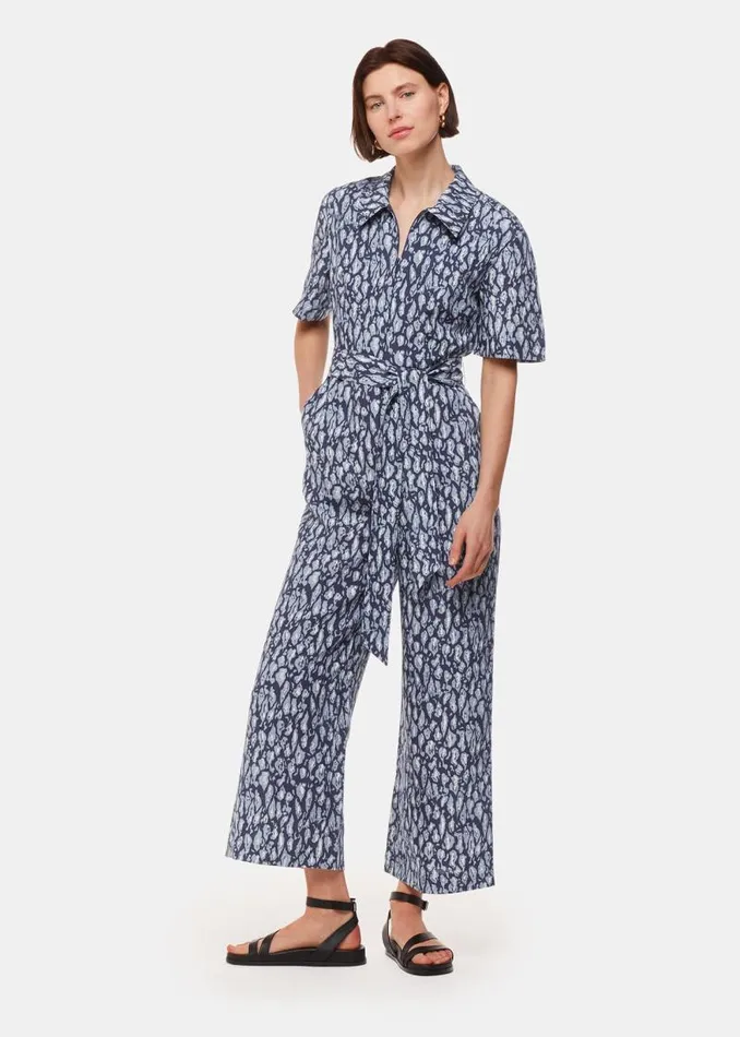 Whistles Jumpsuits Navy Leopard Linen Blend Jumpsuit 8211 Women