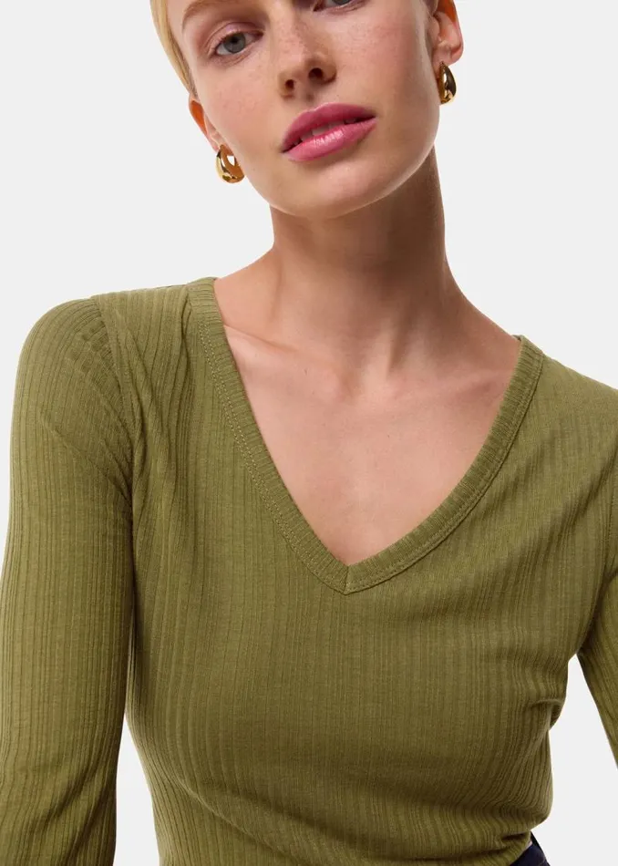 Whistles Tops Olive Diagonal Rib V Neck Top 8211 Women