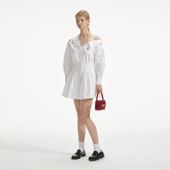 White Cotton Embellished Mini Dress Women Self Portrait Dresses White Cotton Embellished Mini Dress Women Self Portrait Dresses