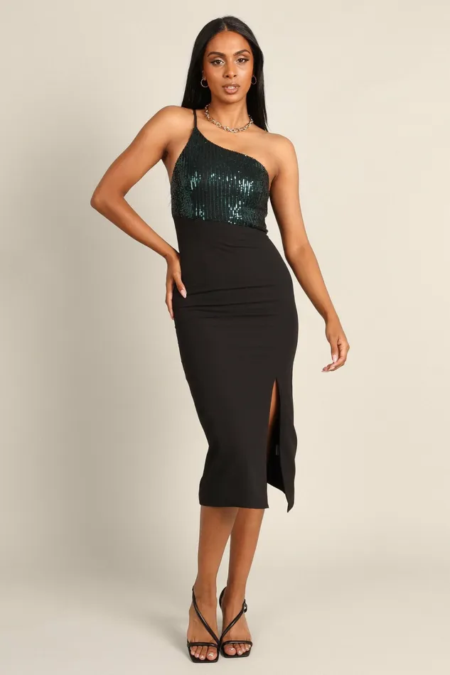 Winter Dresses Petal and Pup Women Xayne One Shoulder Sequin Midi Dress BlackEmerald