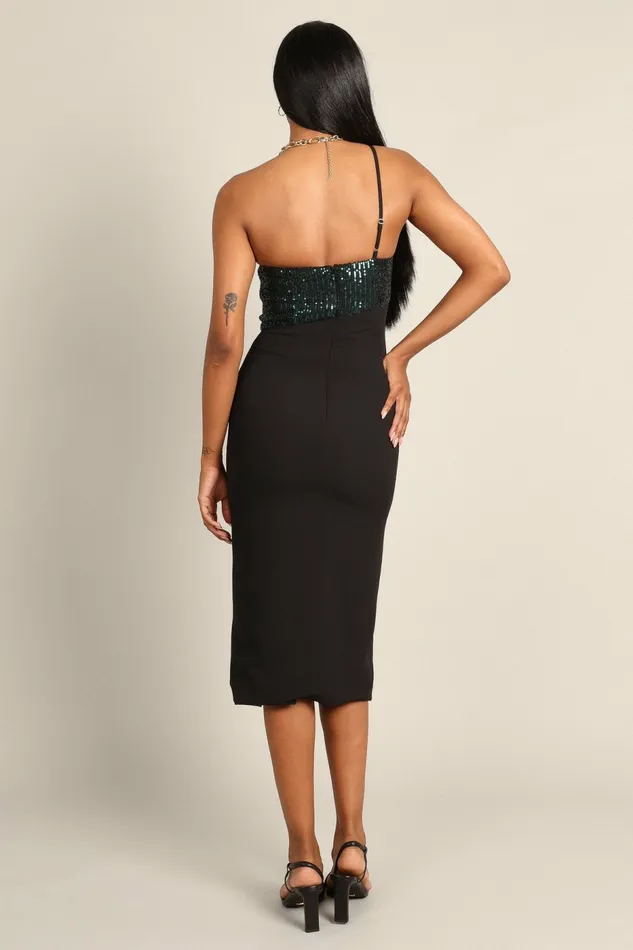 Winter Dresses Petal and Pup Women Xayne One Shoulder Sequin Midi Dress BlackEmerald