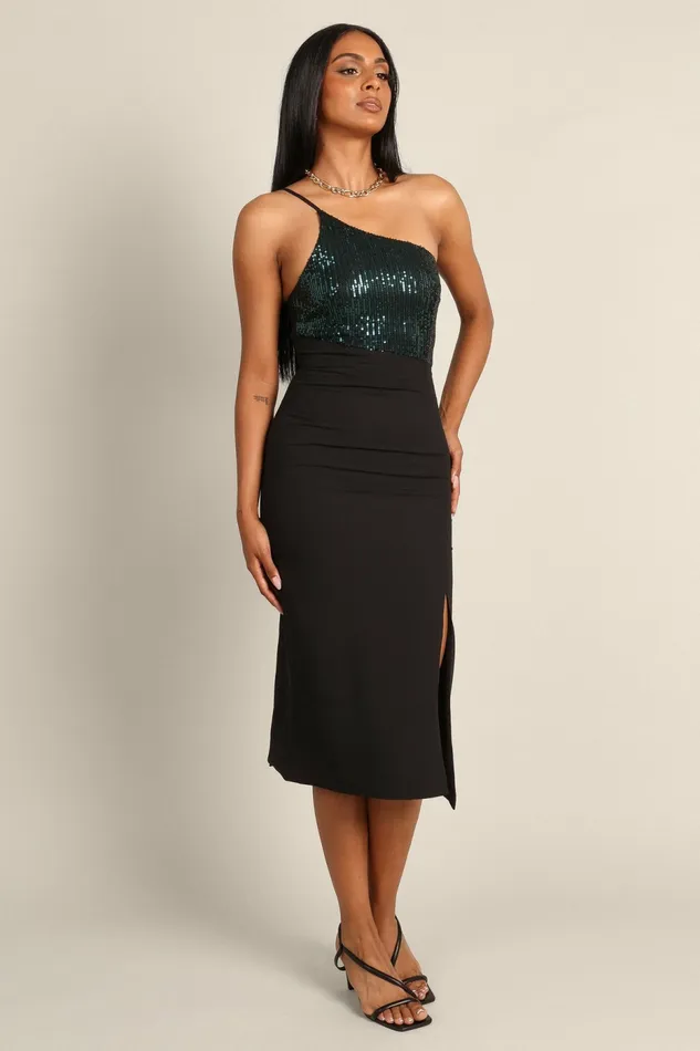 Winter Dresses Petal and Pup Women Xayne One Shoulder Sequin Midi Dress BlackEmerald