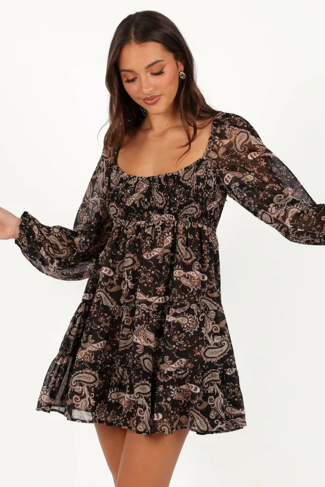 Women Bates Long Sleeve Mini Dress Black Multi Long Sleeve Dresses Petal and Pup