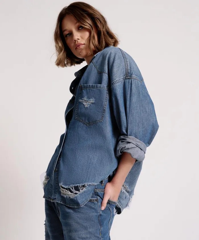 Women BAY BLUE OVERSIZED REVOLVER SHIRT One Teaspoon Denim Shirts Women BAY BLUE OVERSIZED REVOLVER SHIRT One Teaspoon Denim Shirts