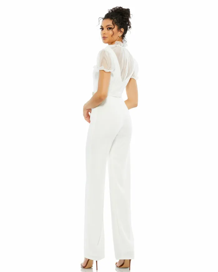 Women Best Sellers Mac Duggal White Belted Illusion High Neck Cap Sleeve Jumpsuit White