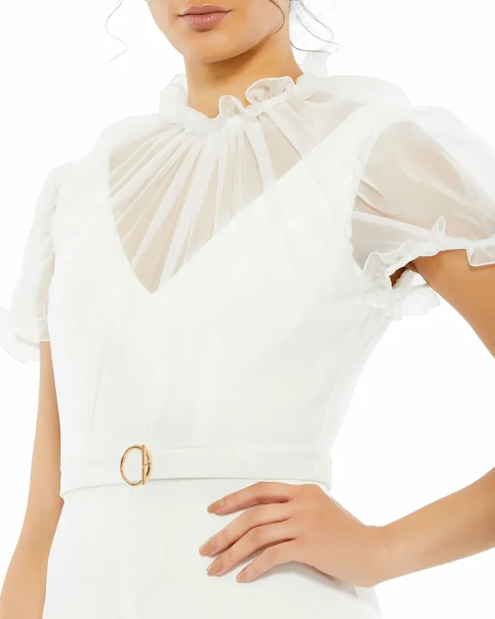 Women Best Sellers Mac Duggal White Belted Illusion High Neck Cap Sleeve Jumpsuit White