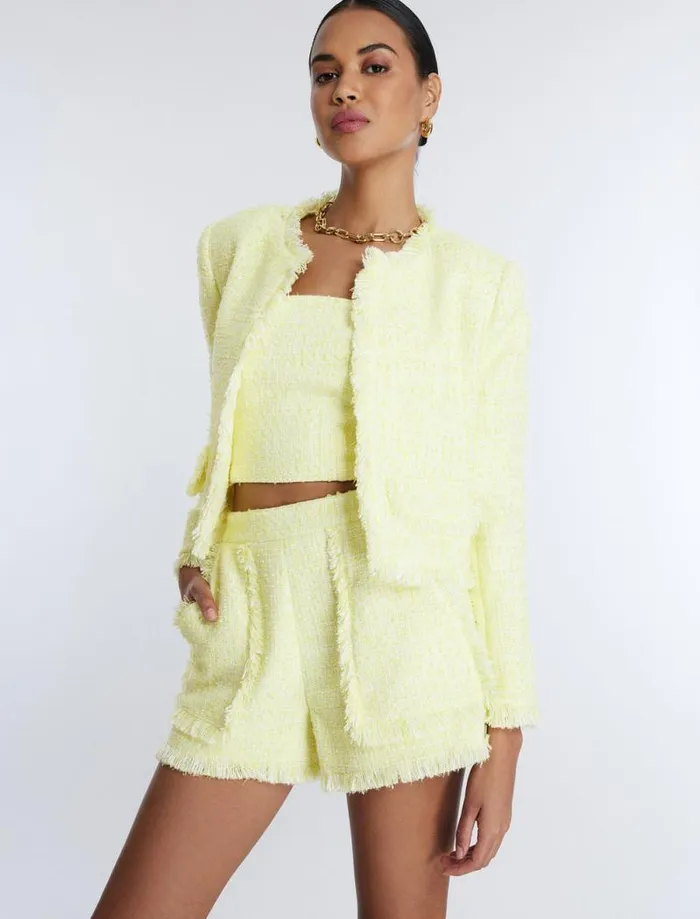 Women Boucle Tweed Jacket Yellow BCBG Jackets and Blazers Women Boucle Tweed Jacket Yellow BCBG Jackets and Blazers