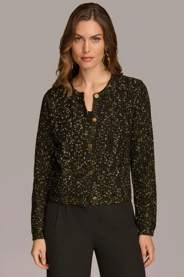 Women BUTTON FRONT KNIT SWEATER Black Donna Karan New York Sweaters And Tops