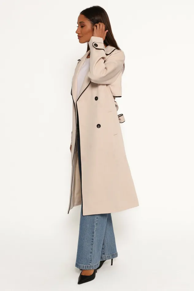 Women Cayenne Contrast Binding Trench Coat Beige Jackets and Coats Petal and Pup