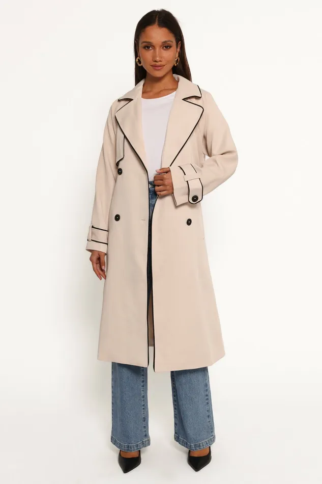 Women Cayenne Contrast Binding Trench Coat Beige Jackets and Coats Petal and Pup