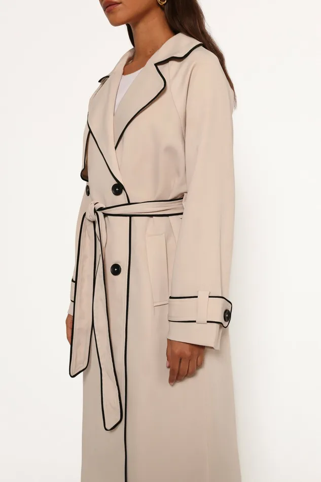 Women Cayenne Contrast Binding Trench Coat Beige Jackets and Coats Petal and Pup