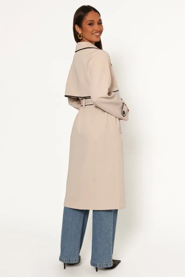 Women Cayenne Contrast Binding Trench Coat Beige Jackets and Coats Petal and Pup