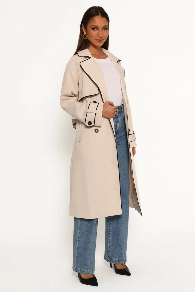 Women Cayenne Contrast Binding Trench Coat Beige Jackets and Coats Petal and Pup