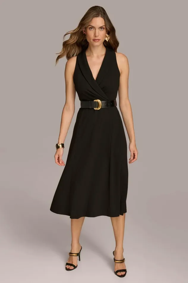 Women CREPE FIT AND FLARE DRESS WITH BELT Black Donna Karan New York Dresses And Jumpsuits Women CREPE FIT AND FLARE DRESS WITH BELT Black Donna Karan New York Dresses And Jumpsuits