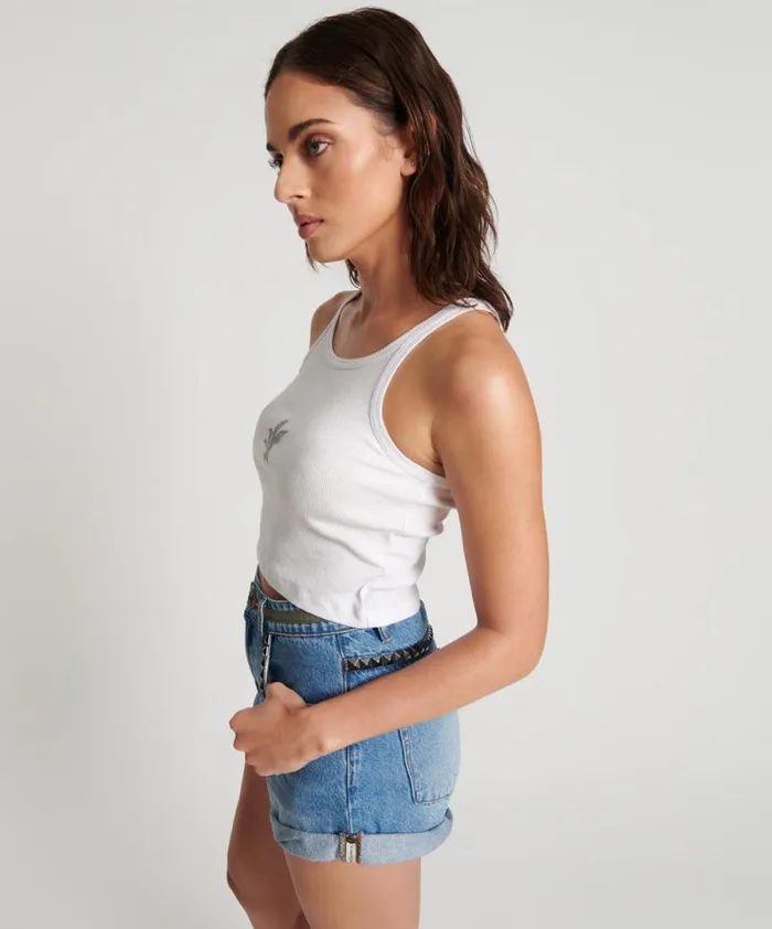 Women CROPPED BOWER BIRD RIBBED TANK TOP WHITE One Teaspoon Tees and Tanks Women CROPPED BOWER BIRD RIBBED TANK TOP WHITE One Teaspoon Tees and Tanks