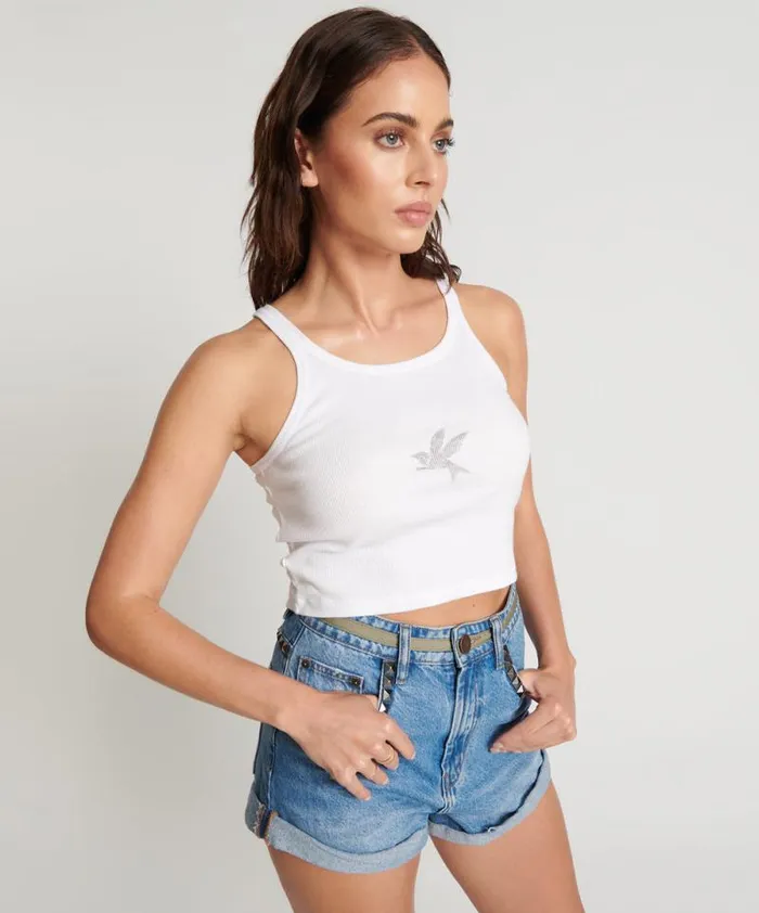 Women CROPPED BOWER BIRD RIBBED TANK TOP WHITE One Teaspoon Tees and Tanks Women CROPPED BOWER BIRD RIBBED TANK TOP WHITE One Teaspoon Tees and Tanks