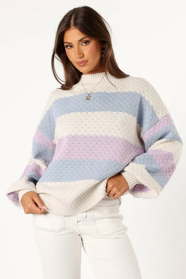 Women Dani Multi Stripe Knit Sweater White Light Blue Sweaters Petal and Pup