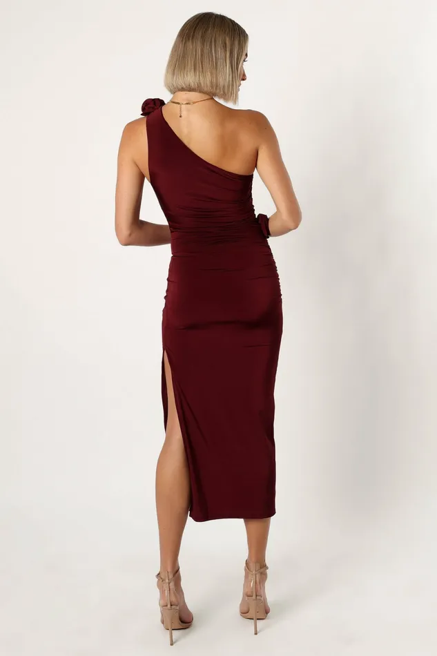 Women Fall Dresses Petal and Pup Javier One Shoulder Midi Dress Wine