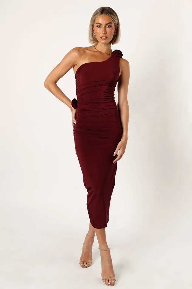 Women Fall Dresses Petal and Pup Javier One Shoulder Midi Dress Wine