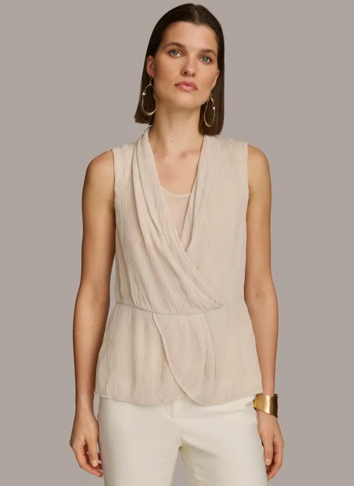 Women FAUX WRAP PEPLUM TOP Sand Donna Karan New York Sweaters And Tops