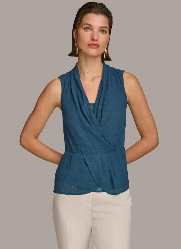 Women FAUX WRAP PEPLUM TOP Tide Navy Donna Karan New York Sweaters And Tops