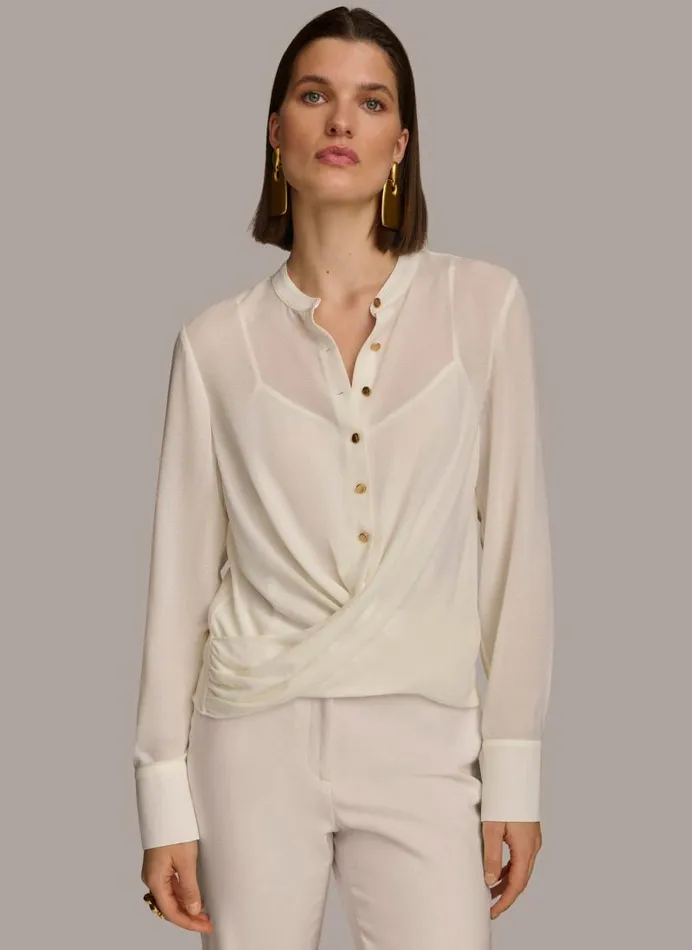 Women FAUX WRAP TOP Cream Donna Karan New York Sweaters And Tops