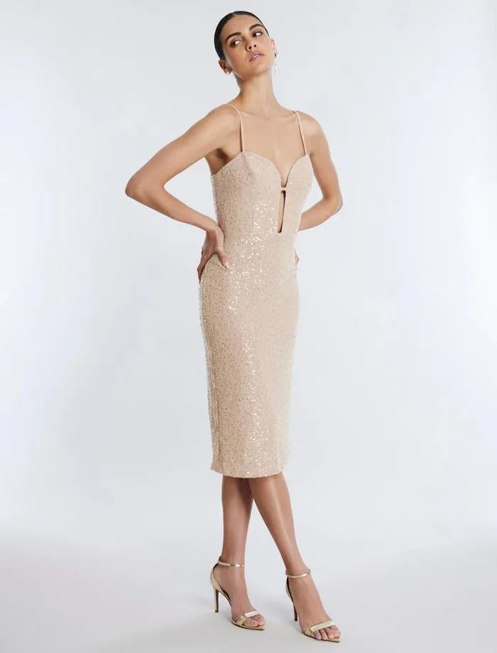 Women Georgina Midi Dress Champagne BCBG Dresses Women Georgina Midi Dress Champagne BCBG Dresses