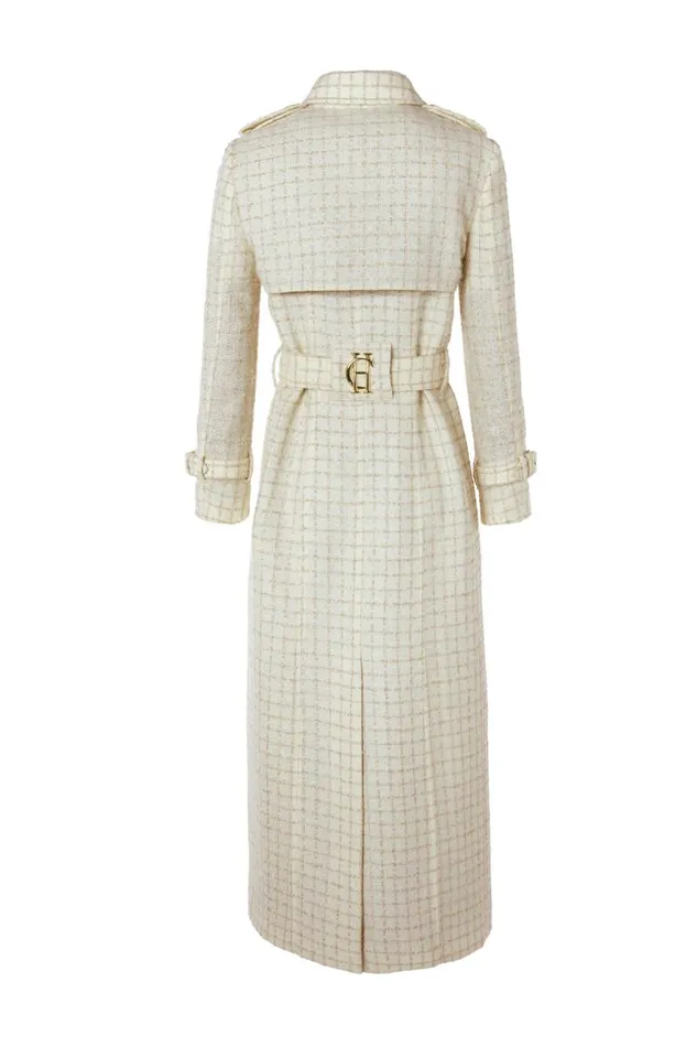 Women In Stock Tailoring Holland Cooper Full Length Marlborough Trench Coat Ivory Sparkle Tweed