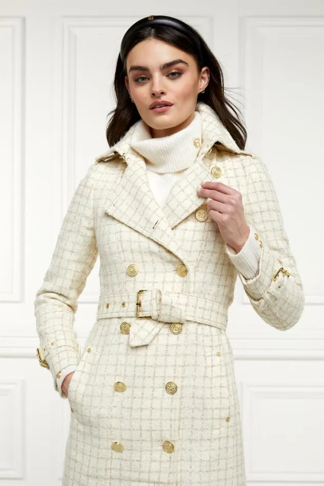 Women In Stock Tailoring Holland Cooper Full Length Marlborough Trench Coat Ivory Sparkle Tweed