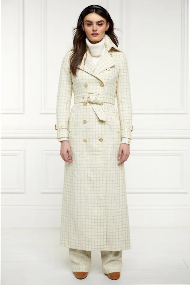 Women In Stock Tailoring Holland Cooper Full Length Marlborough Trench Coat Ivory Sparkle Tweed