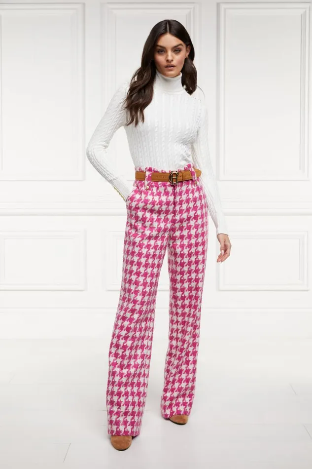 Women In Stock Tailoring Holland Cooper High Waisted Straight Trouser Hot Pink Large Scale Houndstooth