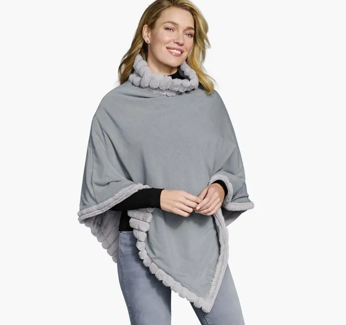 Women Johnston and Murphy Shirts Sweaters and Blazers Reversible FauxFur Poncho Graygray Heather Women Johnston and Murphy Shirts Sweaters and Blazers Reversible FauxFur Poncho Graygray Heather