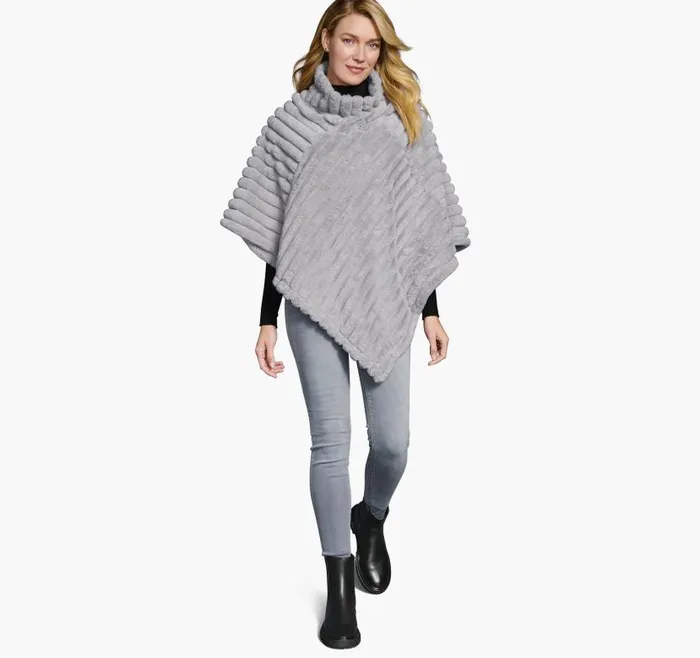 Women Johnston and Murphy Shirts Sweaters and Blazers Reversible FauxFur Poncho Graygray Heather Women Johnston and Murphy Shirts Sweaters and Blazers Reversible FauxFur Poncho Graygray Heather