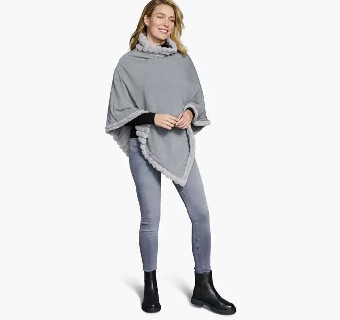 Women Johnston and Murphy Shirts Sweaters and Blazers Reversible FauxFur Poncho Graygray Heather Women Johnston and Murphy Shirts Sweaters and Blazers Reversible FauxFur Poncho Graygray Heather